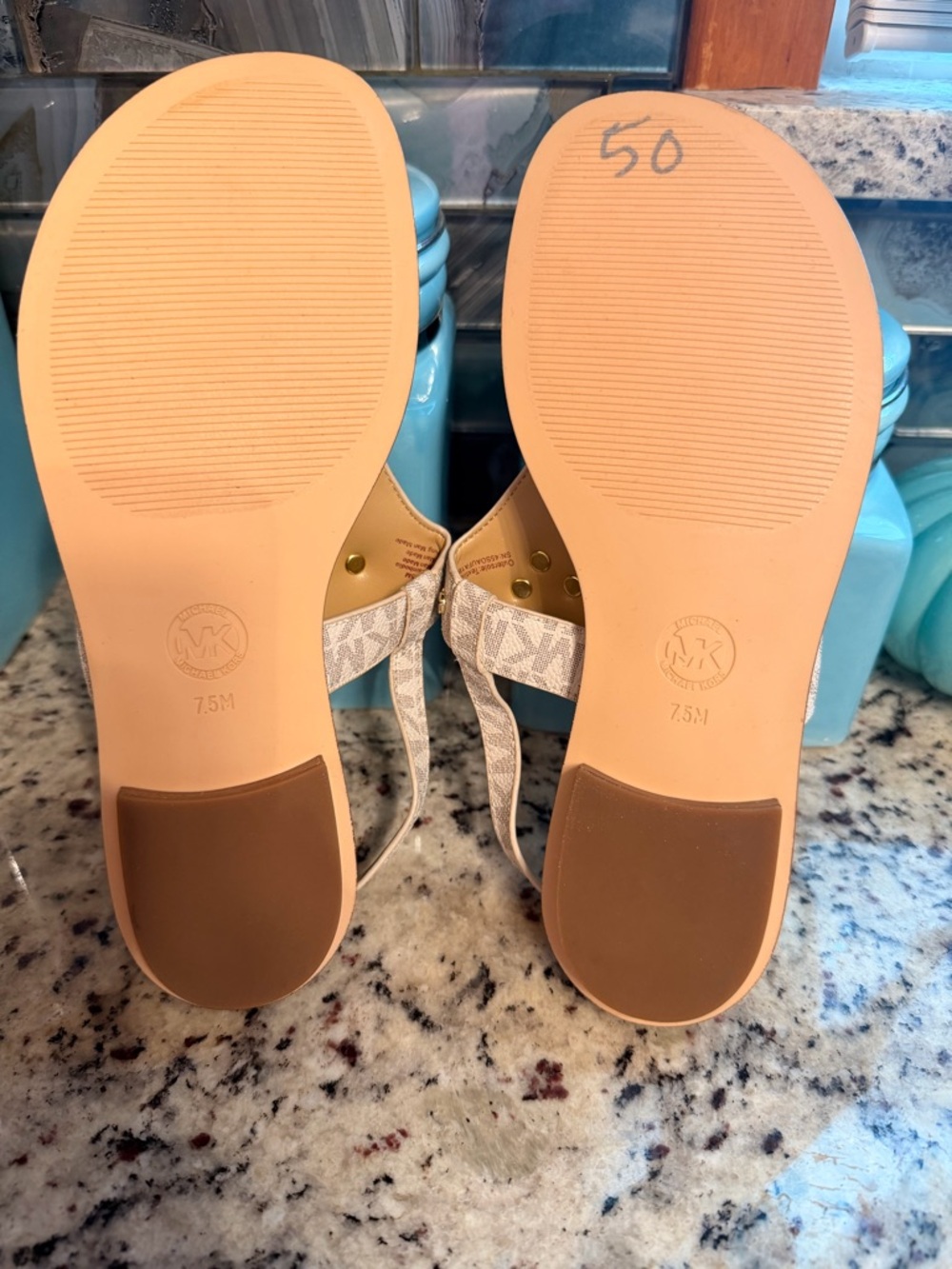 Michael Kors Beige Logo Thong Sandals with Gold MK Emblem - Picture 4 of 4